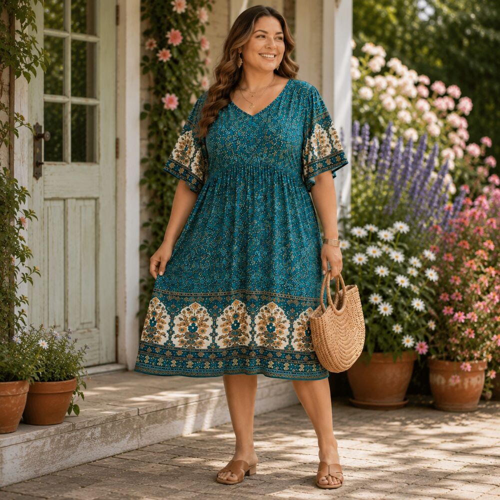 Boho Dress Plus Size 4XL Teal Floral Midi Empire Waist Hippie Casual Cottagecore